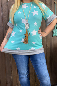 GJQ9799-1 Tiffany blue top w/white stars print & grey sleeve trim