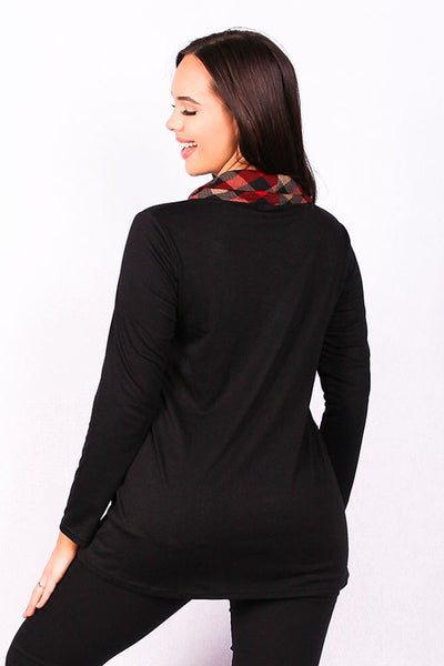 GJQ6183 Black mock neck top w plaid print