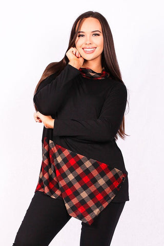 GJQ6183 Black mock neck top w plaid print