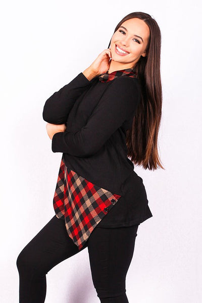 GJQ6183 Black mock neck top w plaid print