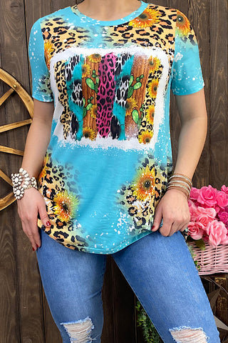 XCH12552 Turquoise leopard printed t-shirt