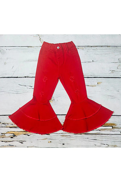 Red denim double bell bottoms