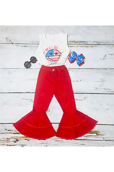 Red denim double bell bottoms