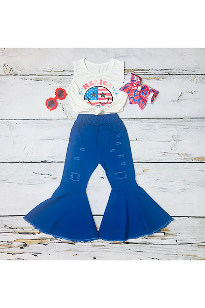 Royal blue distressed girls bell bottoms