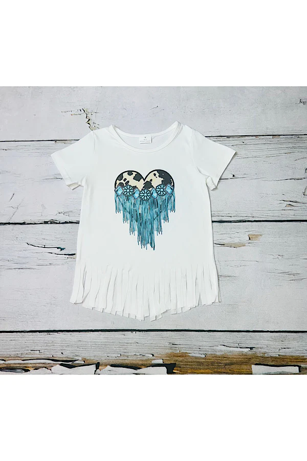 White cow printed heart w/turquoise jewels & fringe short sleeve top