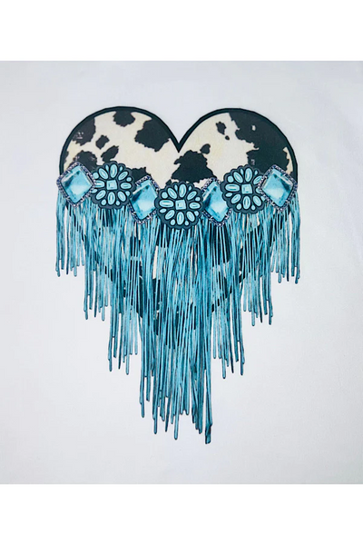 White cow printed heart w/turquoise jewels & fringe short sleeve top