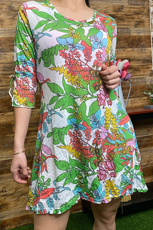 DR30P-WONDER GARDEN Multi color floral crinkle knit dress