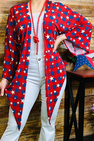 GJQ7034 Red and blue checker/star printed cardigan