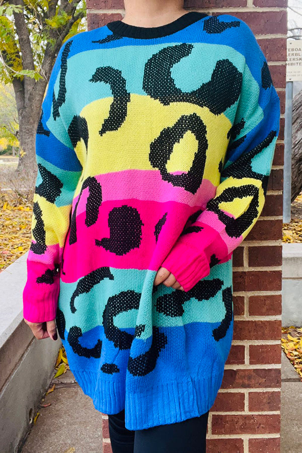 MY13437 Multi color leopard printed long sweater