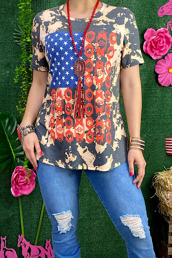 XCH11985 USA flag printed short sleeve top