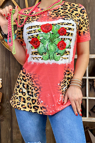 XCH12431 Leopardo cactus & roses printed short sleeve tshirt