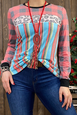 GJQ9589 Serape/leopard top w/buffalo plaid sleeves