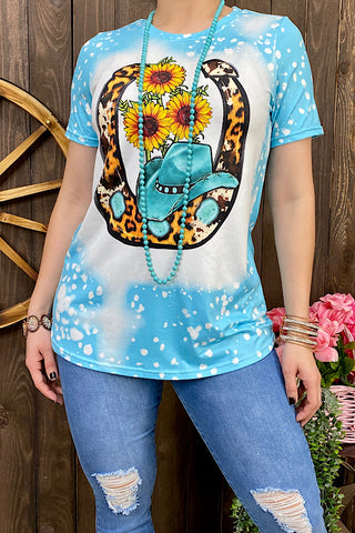 DLH0824-20 Blue horse shoe hat & sunflower printed t-shirt