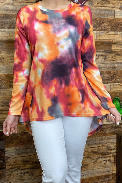 GJQ8403 Tie dye printed long sleeve high low