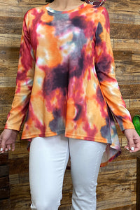 GJQ8403 Tie dye printed long sleeve high low