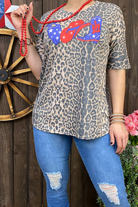 DLH10800-2 Leopard printed short sleeve top w/bandanna, cowboy hat & boot print