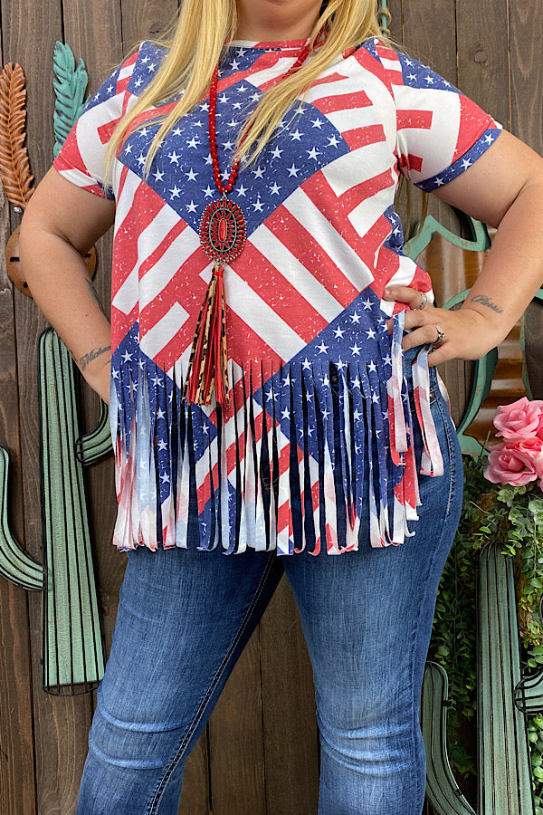 XCH12564 USA printed short sleeve top w/fringe tassels