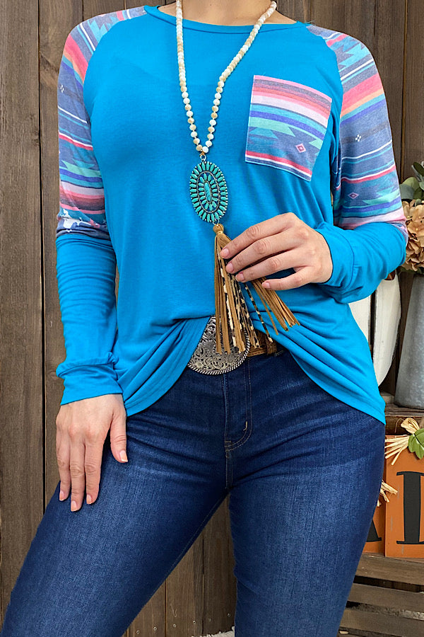 BQ10148 Blue serape long sleeve top w/front pocket