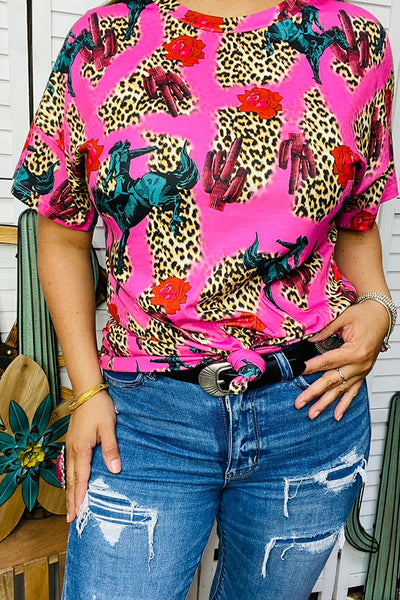 BQ1025 Pink leopard & western printed short sleeve blouse