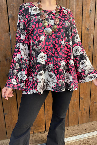 BQ10300 Pink/Floral leopard printed bell sleeve blouse