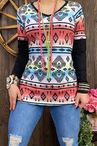 BQ11869 Red & blue Aztec printed top wblack long sleeves