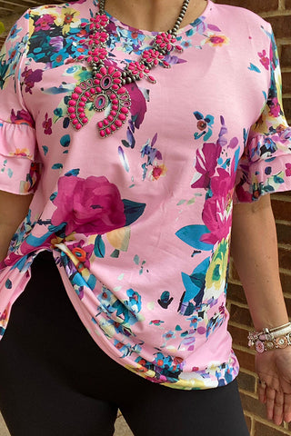BQ13818 Pink floral printed short sleeve top w/trim