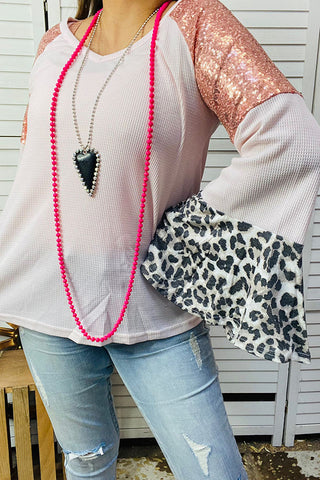 BQ13928 Leopard, pink, sequin bell raglan long sleeve blouse