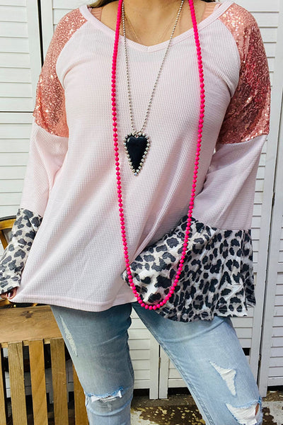 BQ13928 Leopard, pink, sequin bell raglan long sleeve blouse