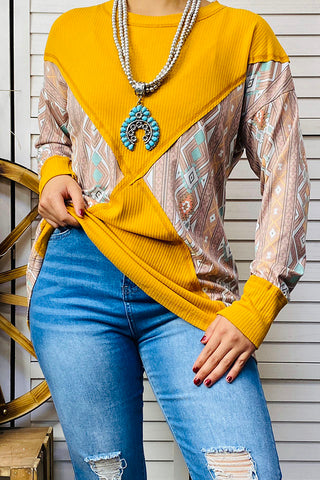 BQ14390 Aztec printed & yellow long sleeve top