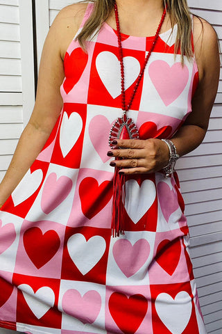 BQ14560 Pink,White,Red hearts printed sleeveless dress