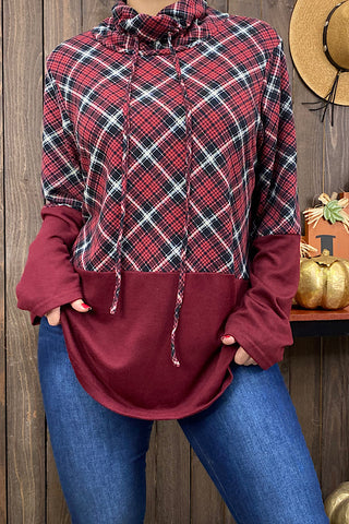 BQ7936 Burgundy plaid long sleeve pullover w/ mock neck