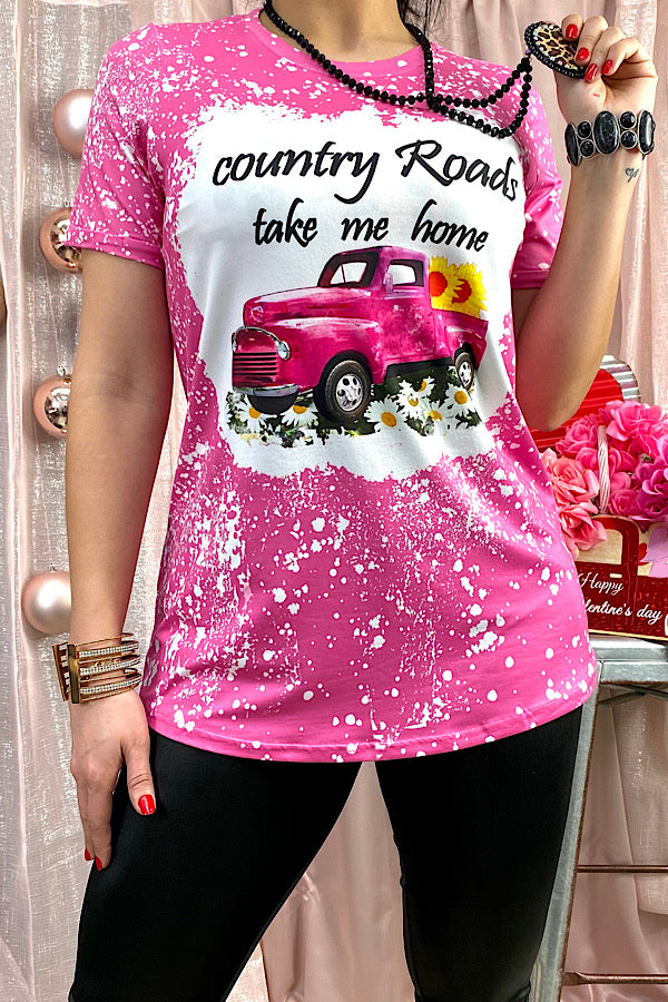 DLH0923-06 Country roads take me home pink printed short sleeve top