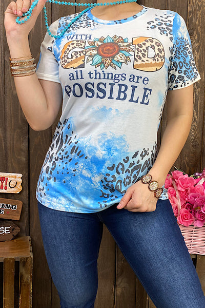 DLH0923-08 WITH GOD ALL THINGS ARE POSSIBLE Blue leopard printed short sleeve top