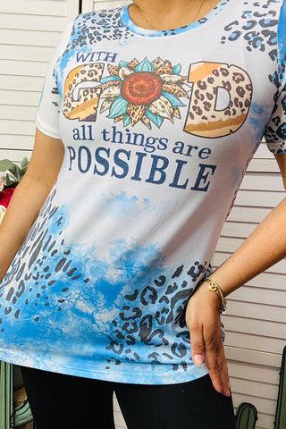 DLH0923-08 WITH GOD ALL THINGS ARE POSSIBLE Blue leopard printed short sleeve top