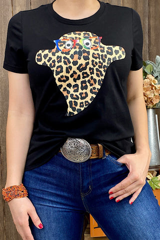 DLH10140 Black t-shirt w/cute leopard printed ghost w/glasses