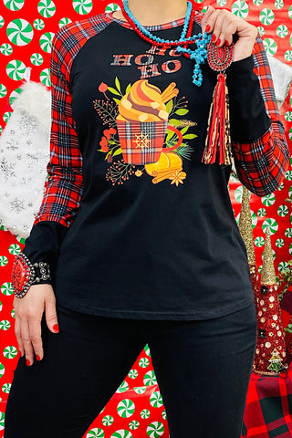 DLH10183 HO HO HO Cute cup of tea printed t-shirt w/plaid sleeves