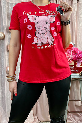 DLH10490 "LOVE IS IN THE AIR" Red cute pig printed t-shirt