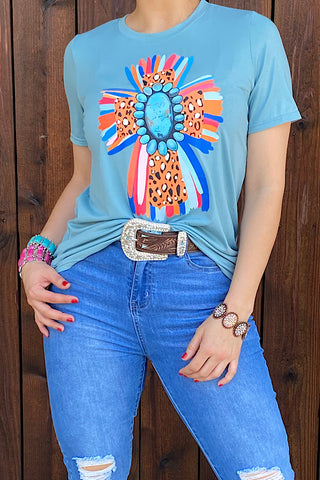 DLH10539 Multi color & leopard printed cross t-shirt w/jewel