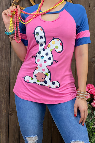 DLH10751 Pink/blue key whole neckline top w/polka dot bunny print