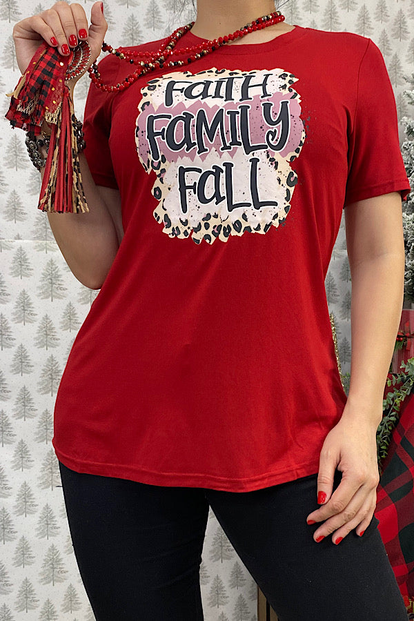 DLH11657 FAITH,FAMILY,FALL burgundy short sleeve top