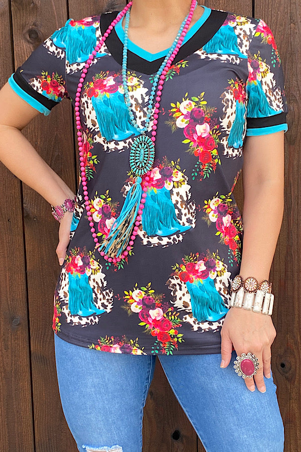 DLH12041 Turquoise leopard & floral printed short sleeve top