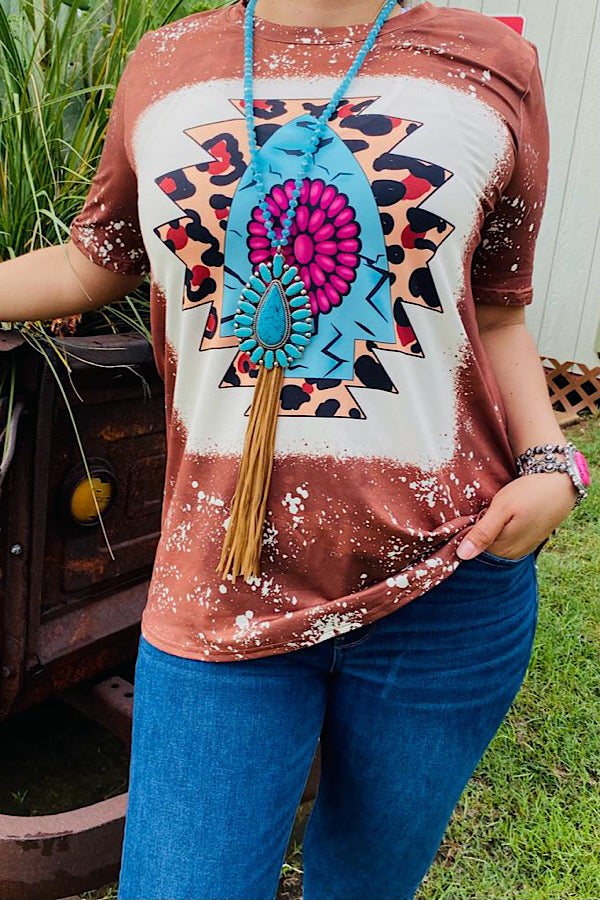 DLH12330-2 Brown leopard & turquoise Aztec printed short sleeve top