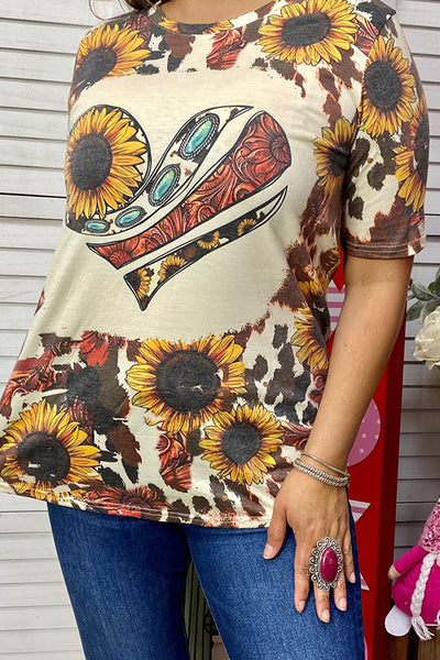 DLH12411 Sunflower & Jewel & Paisley hearts print short sleeve top