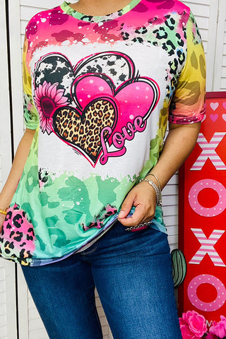 DLH13025 Multicolor love hearts & leopard printed short sleeve top