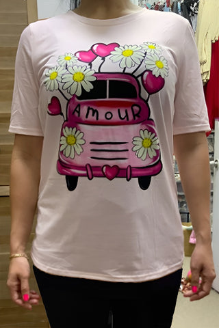 DLH13526 Car & Flower & Heart pink short sleeve top