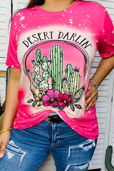 DLH13980 DESERT DARLIN Cactus printed pink short sleeve top
