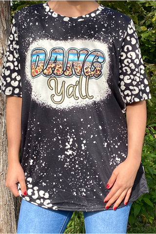 DLH14167 DANG YA'LL PRINT LEOPARD ,BLACK TIE DYE SHORT SLEEVE TOP