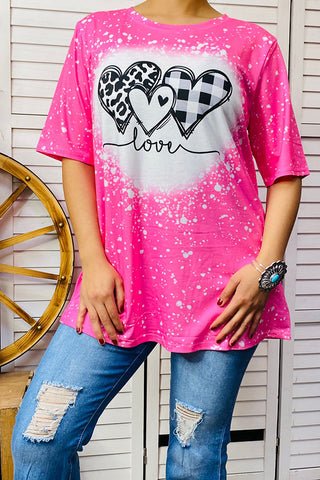 DLH14551 LEOPARD/PLAID HEARTS PRINTED LOVE SHORT SLEEVE TOP