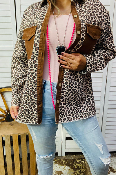 DLH14576 Leopard denim long sleeve top w/buttons and pockets