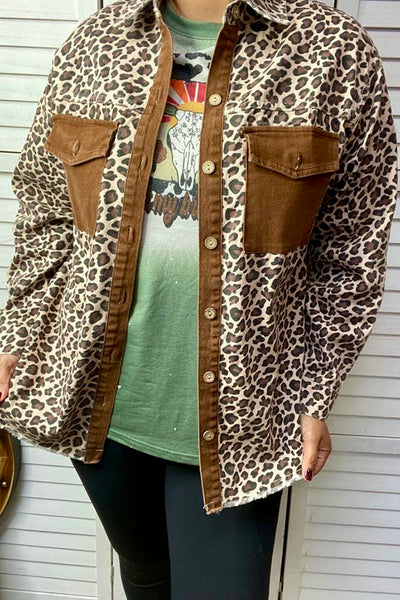 DLH14576 Leopard denim long sleeve top w/buttons and pockets
